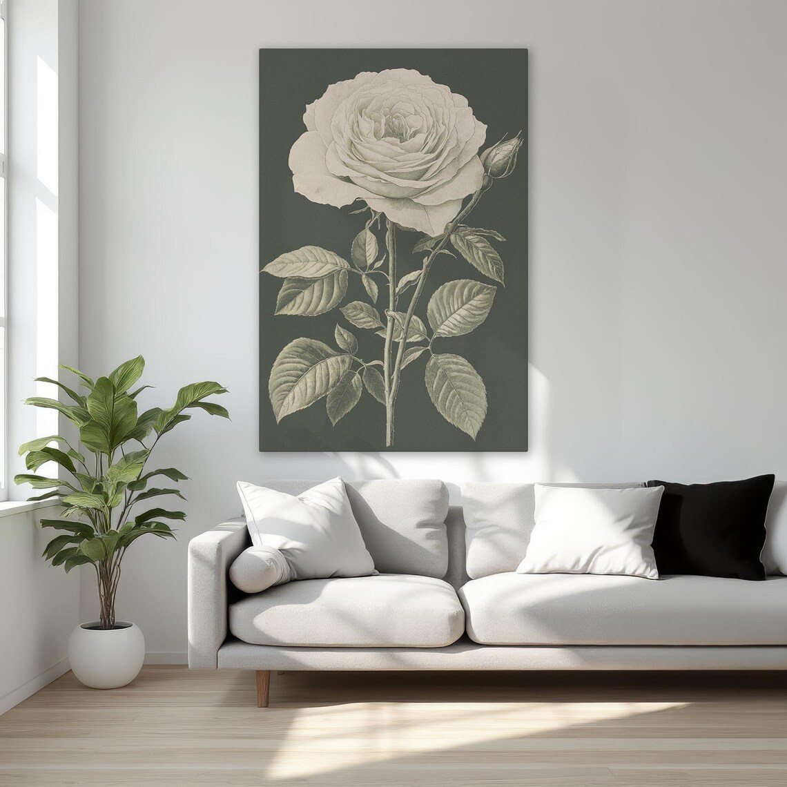 Large White Rose Botanical Poster On Dark Green Background Art