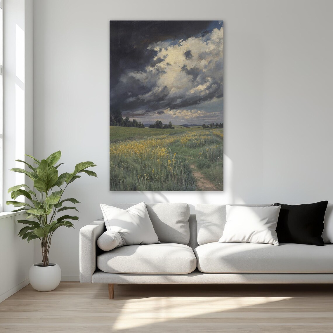 Stormy Sky Over Green Meadow Field Dramatic Landscape Artwork Poster