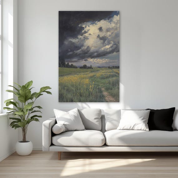 Stormy Sky And Open Green Field Framed Canvas Print Nature Landscape Wall Art Rustic Home Decor Gift For Him Ready To Hang