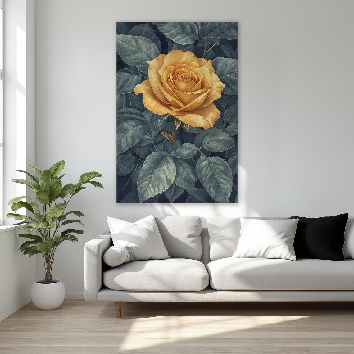 Golden Yellow Rose Among Dark Green Leaves Floral Canvas Poster