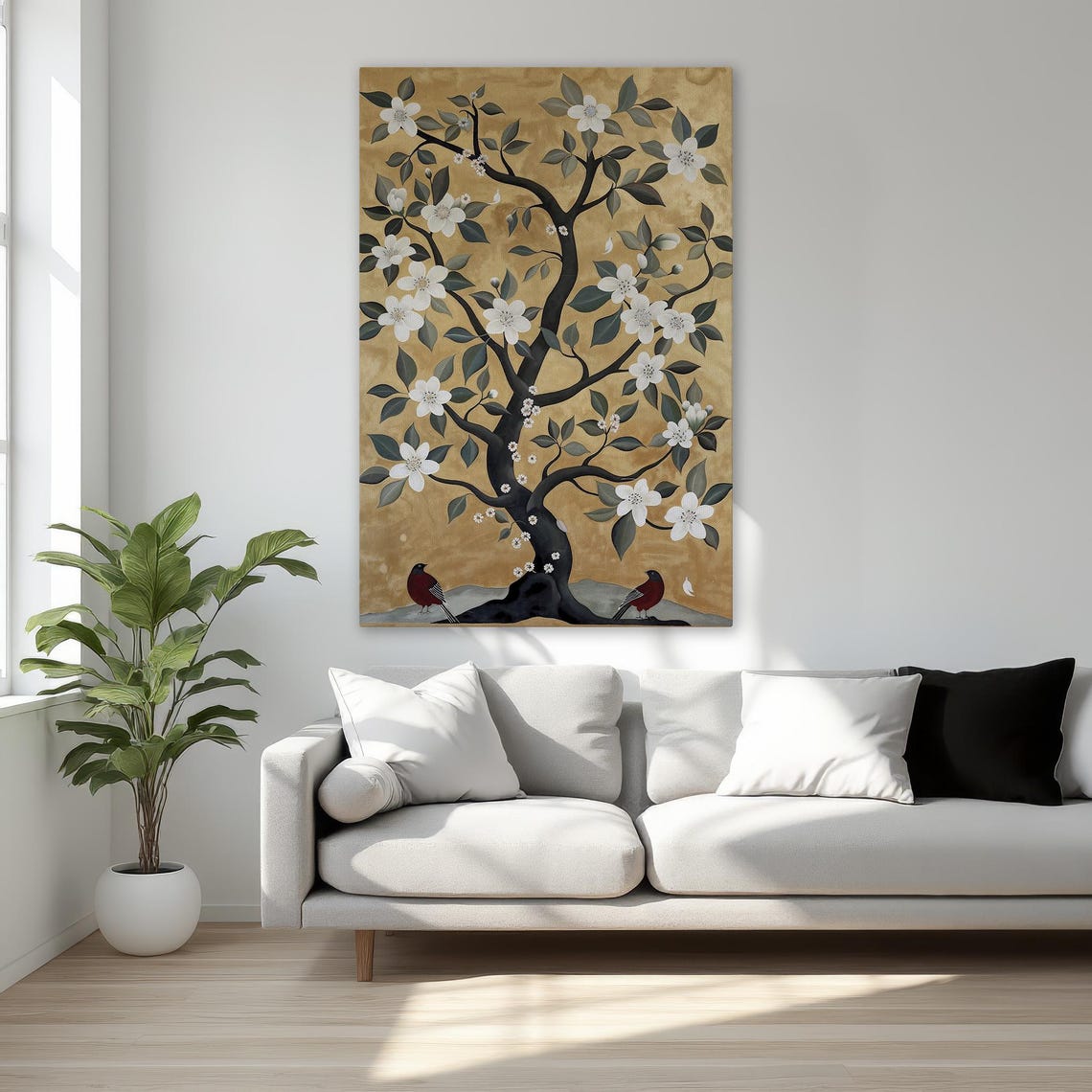 Elegant White Blossom Tree With Birds Gold Botanical Art Poster