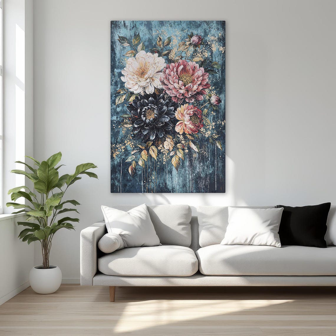 Exquisite Peony Bouquet Dark Teal Floral Bohemian Canvas Print