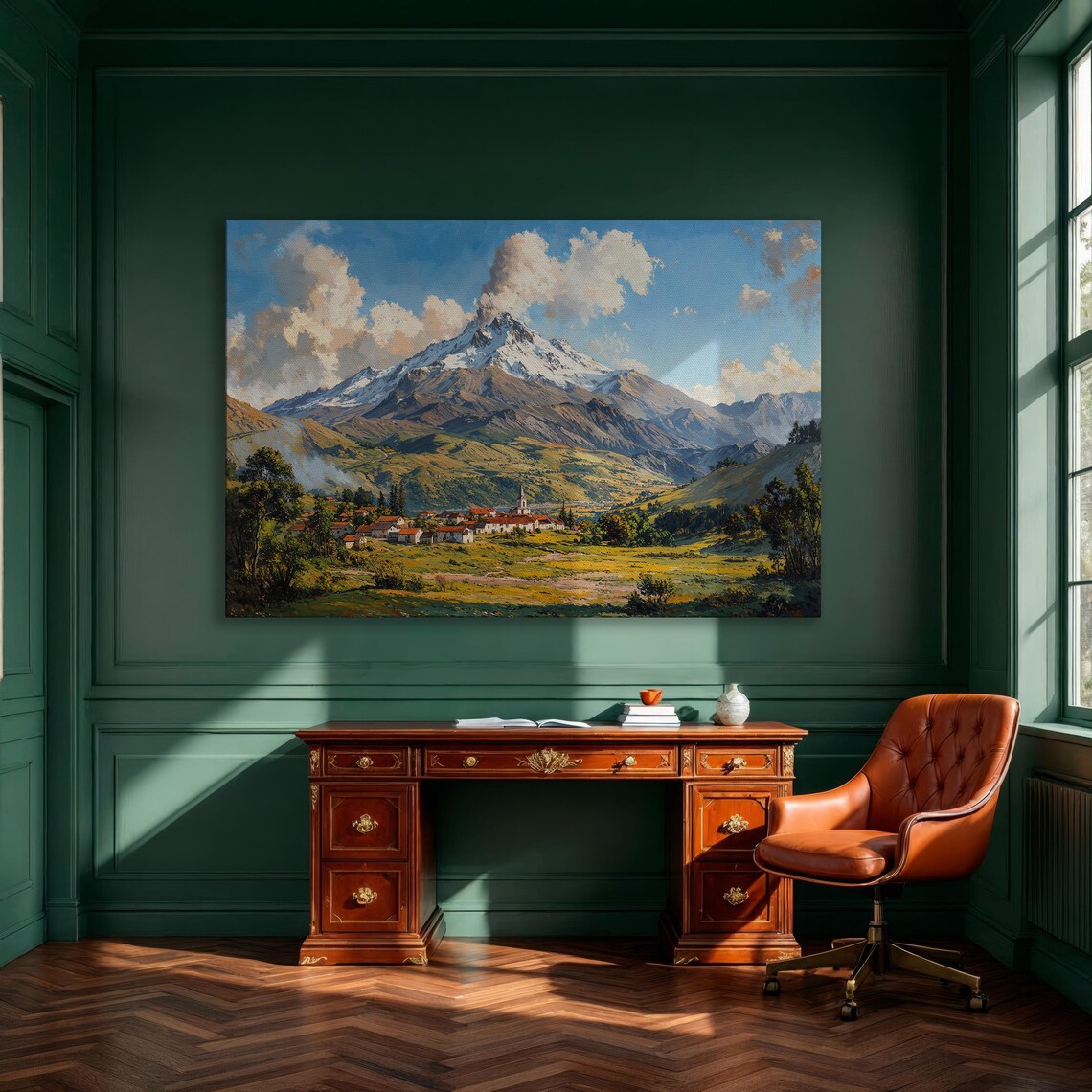 Majestic Snowy Mountain Peak Above a Golden Valley Village Poster