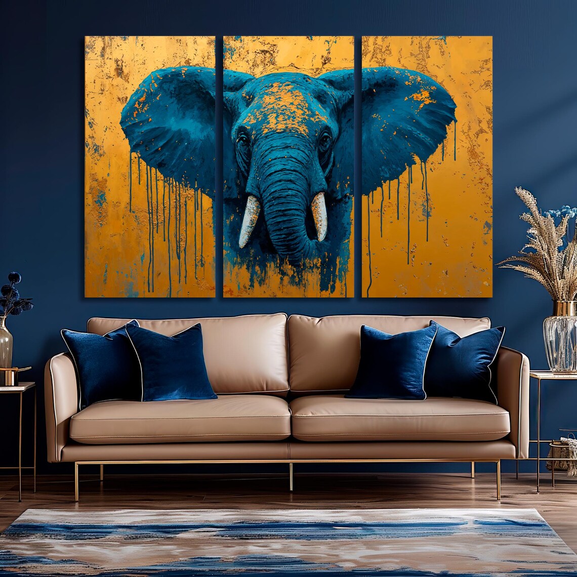 Blue Elephant Face Front View Gold Drip Background Abstract Wildlife Poster - Image 5