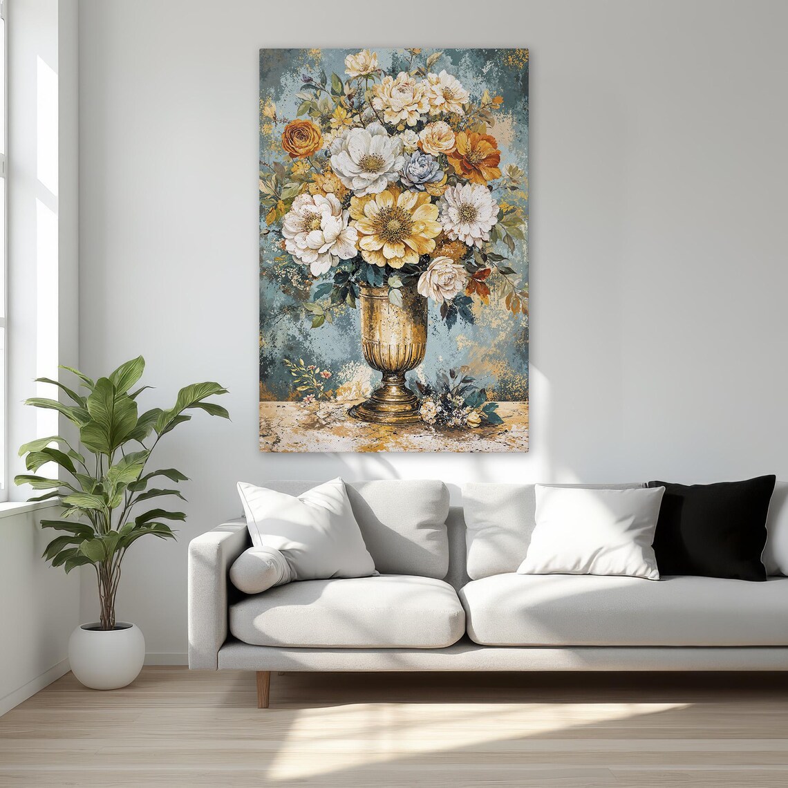 Vintage Flower Bouquet in Gold Vase Romantic Botanical Wall Art