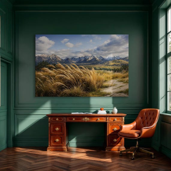 Panoramic Landscape With Majestic Mountains Framed Canvas Print Green Valley And Wild Grass Wall Art Nature Decor Ready To Hang