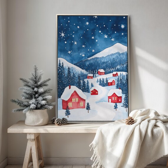Cozy Christmas Village Framed Canvas Wall Art Winter Night Landscape Painting Print Nursery Xmas Decor Snowy Scene Poster Ready To Hang Gift