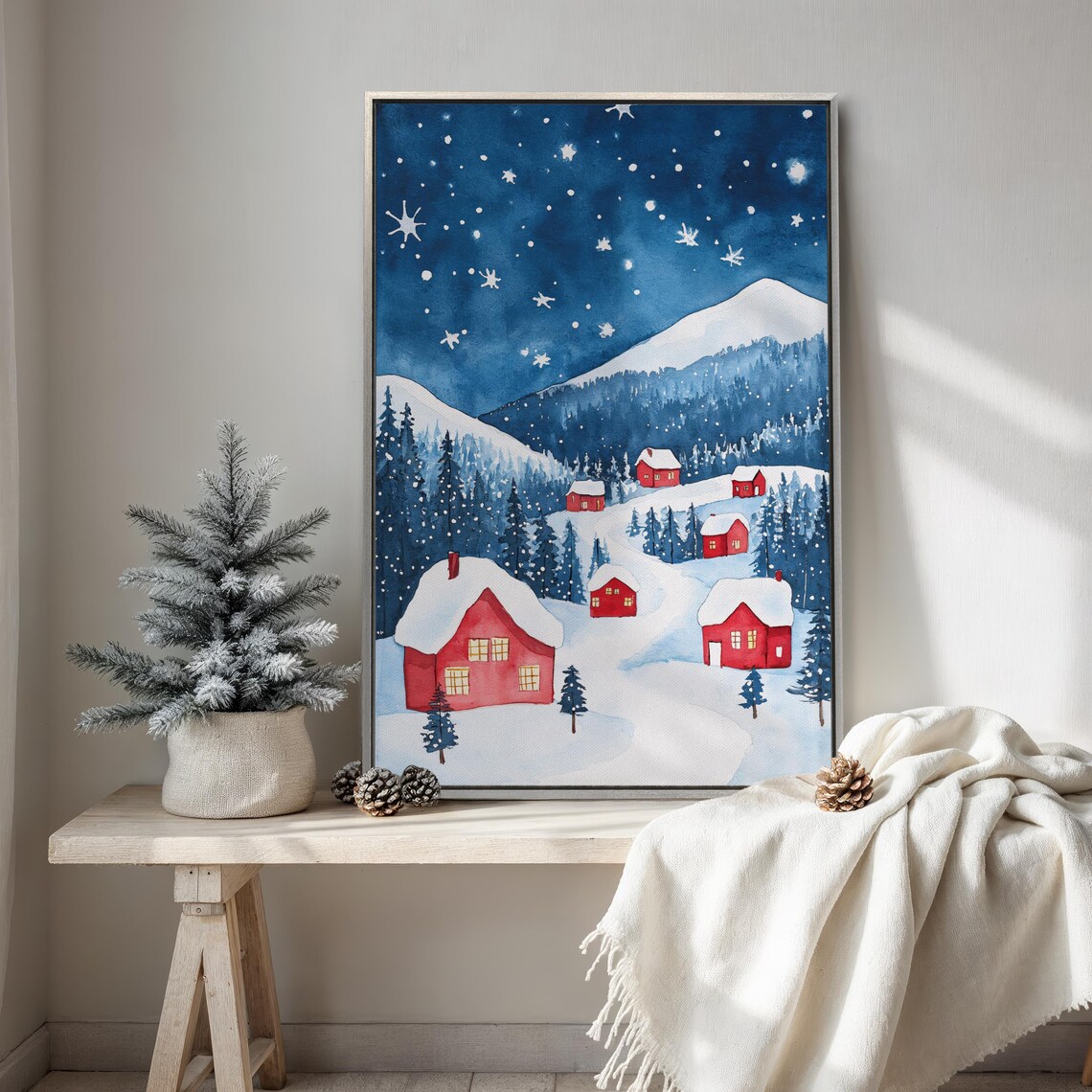 Cozy Snowy Christmas Village At Night Watercolor Winter Holiday Poster