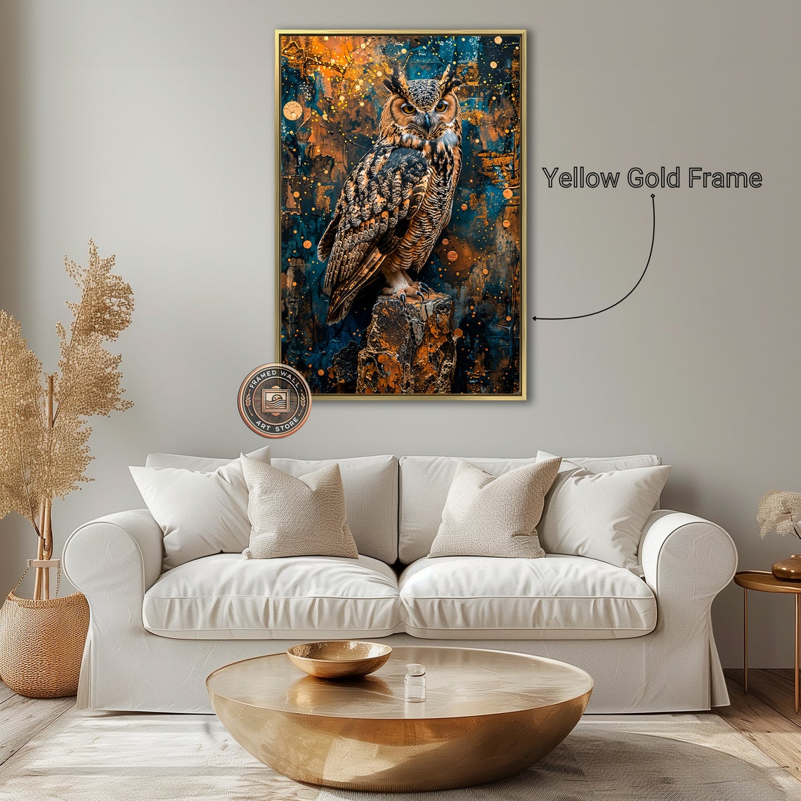 Great Horned Owl Perched On Stump In Teal And Gold Abstract Poster - Image 3