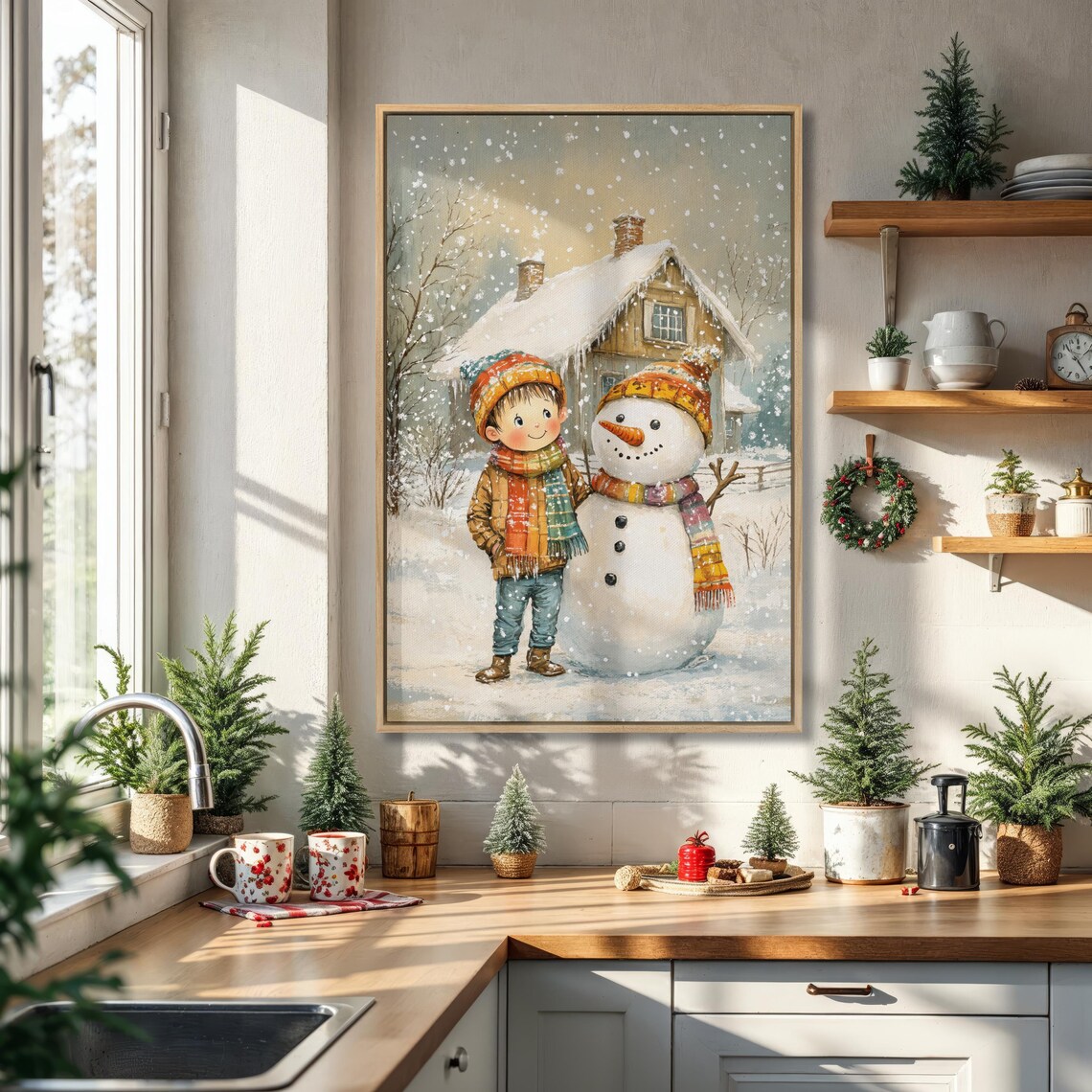 Happy Child With Snowman Winter Cottage Scene Christmas Wall Art