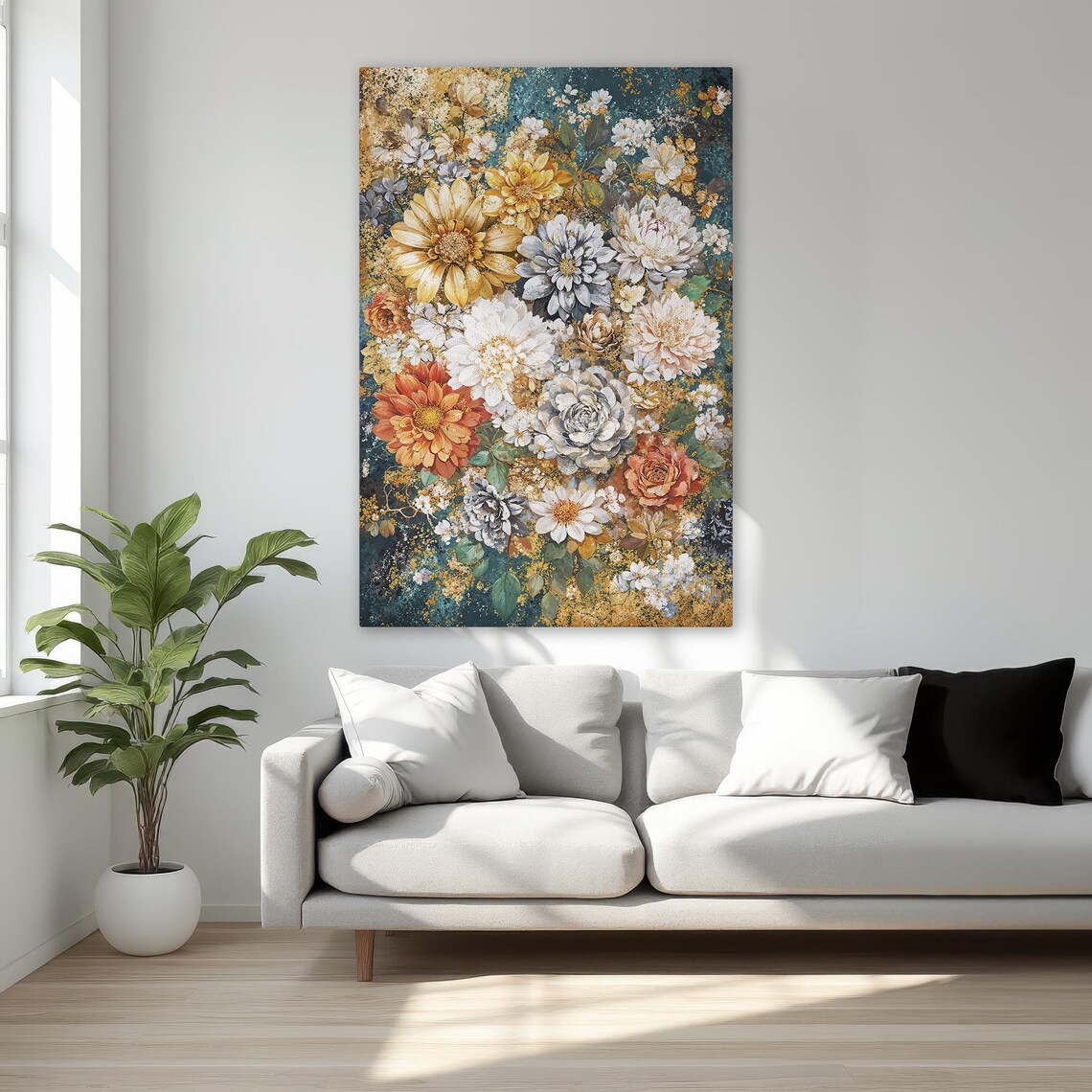 Floral Fantasy Vibrant Botanical Blooms Teal And Gold Poster