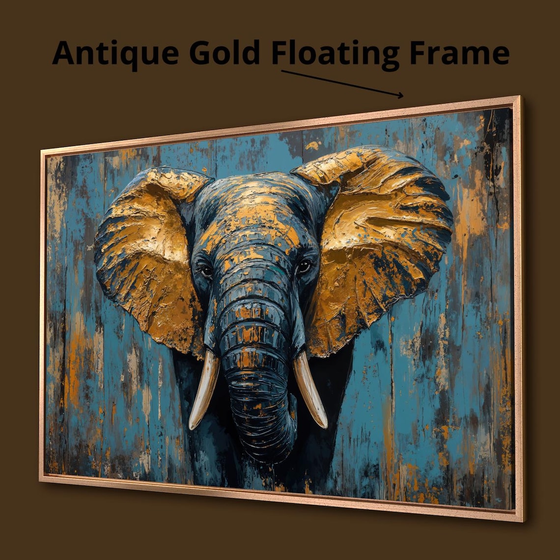 Majestic Elephant Portrait Golden Bronze Ears Blue Texture Background Poster - Image 3