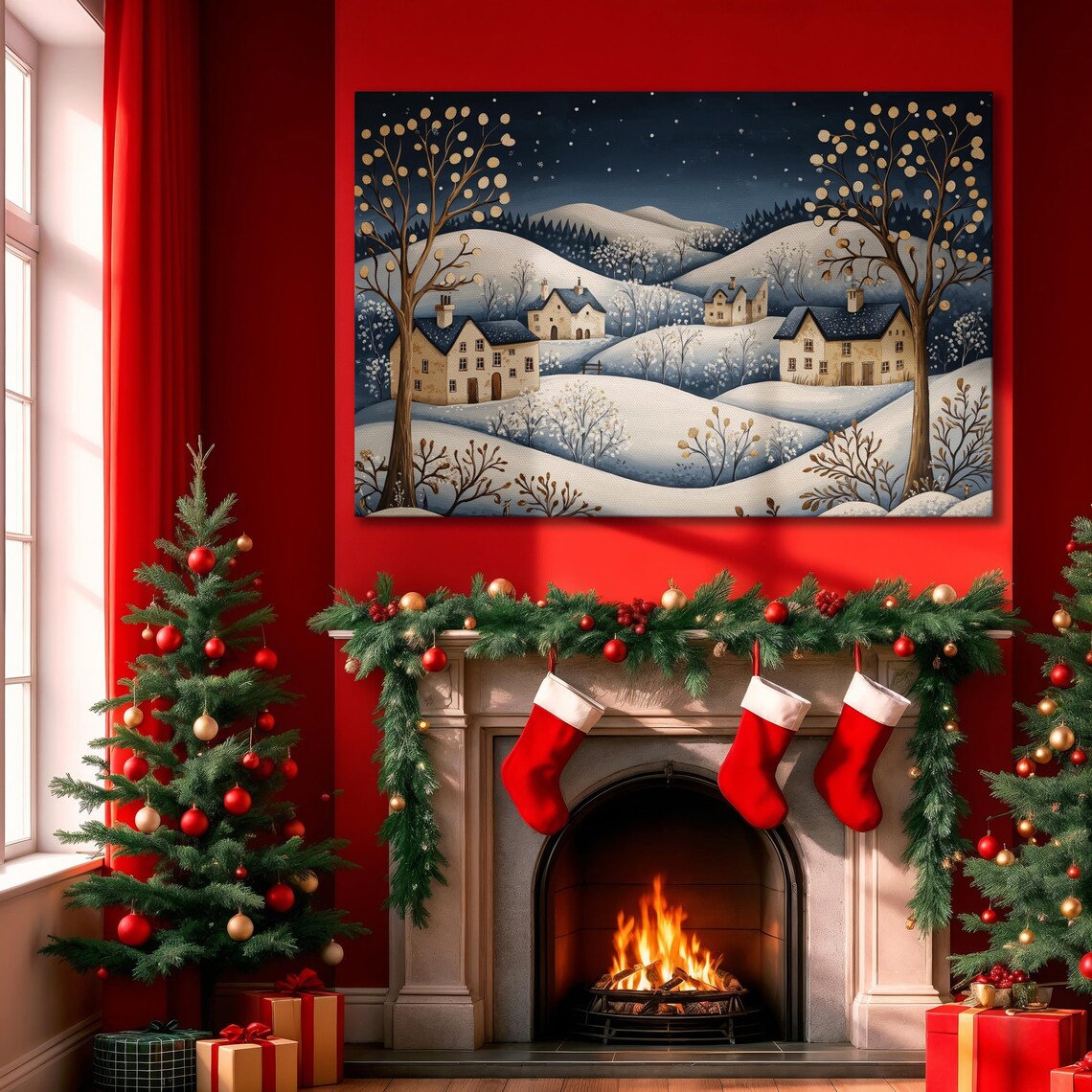 Folk Art Winter Village Snowy Hills Cottages Night Holiday Art Poster - Image 3
