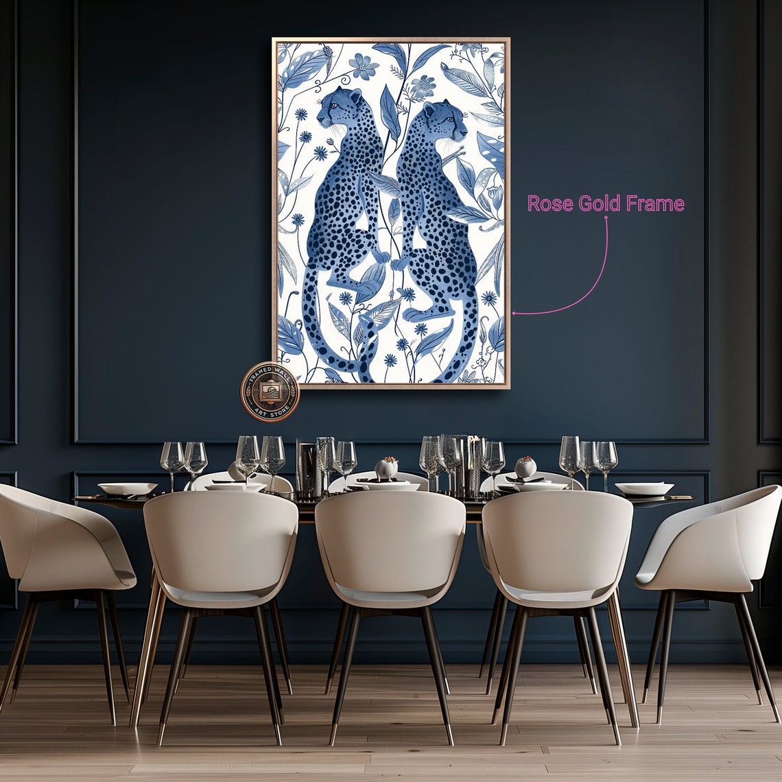 Two Blue White Cheetahs Botanical Line Drawing Animal Art Poster - Image 2
