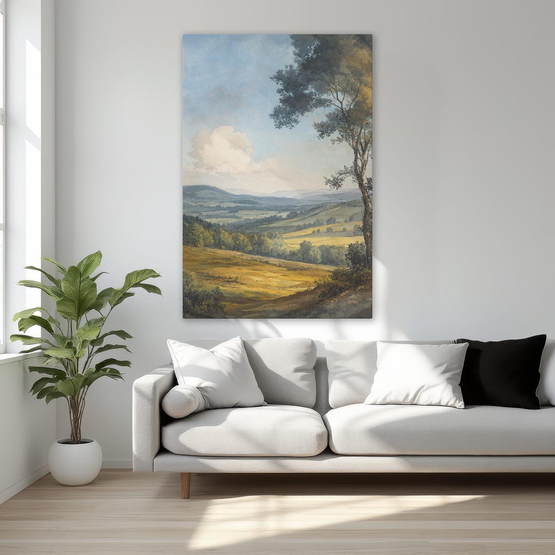 Golden Rolling Hills Summer Landscape Tree Painting Wall Art