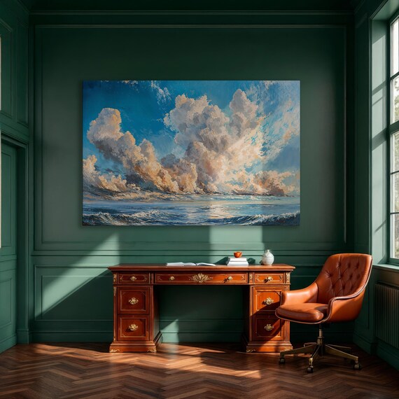 Towering Clouds Over a Rolling Ocean Minimalist Seascape Art Poster