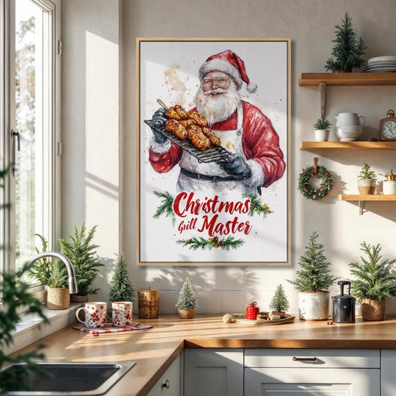 Festive Santa Claus Bbq Framed Canvas Wall Art Funny Painting Print Christmas Kitchen Decor Xmas Grill Poster Ready To Hang Gift