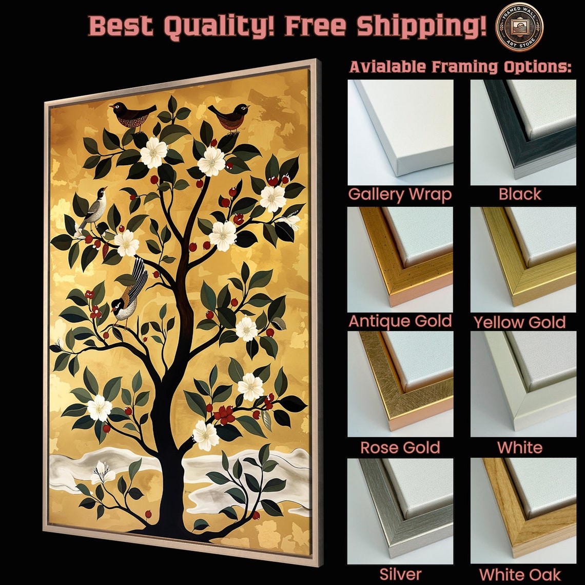 White Blossom Tree With Perched Birds On Gold Botanical Print - Image 5