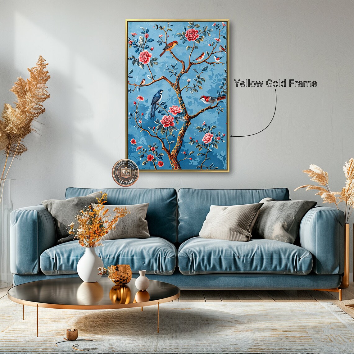 Chinoiserie Rose Tree Colorful Birds Sky Blue Oriental Art Poster - Image 5