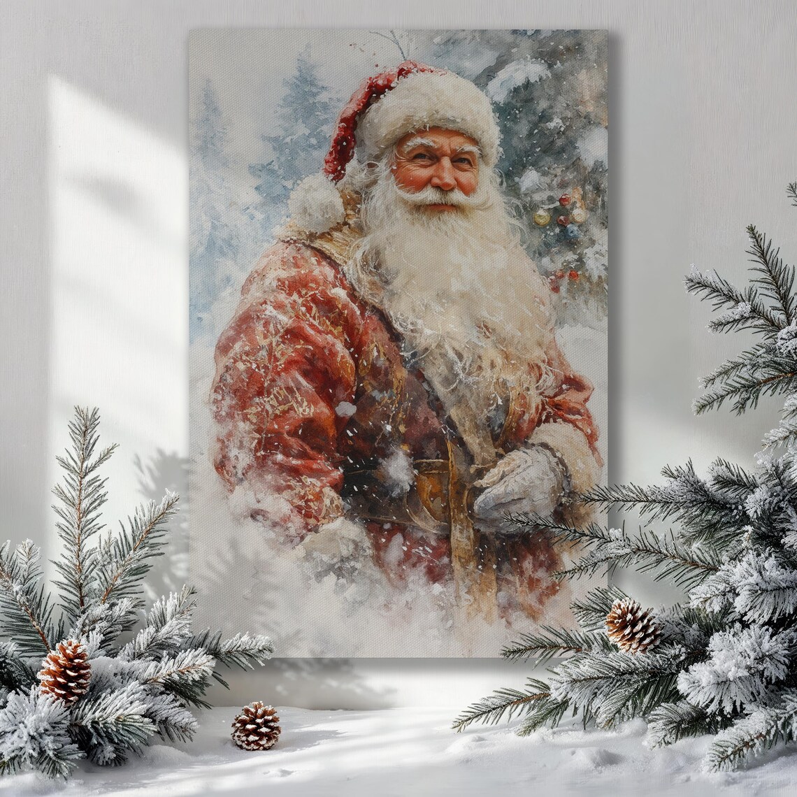 Snowy Santa Claus Watercolor Portrait Pines Winter Holiday Poster