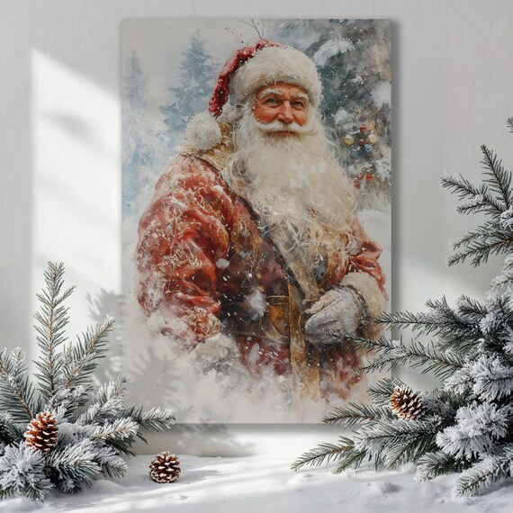 Snowy Santa Claus Watercolor Portrait Pines Winter Holiday Poster
