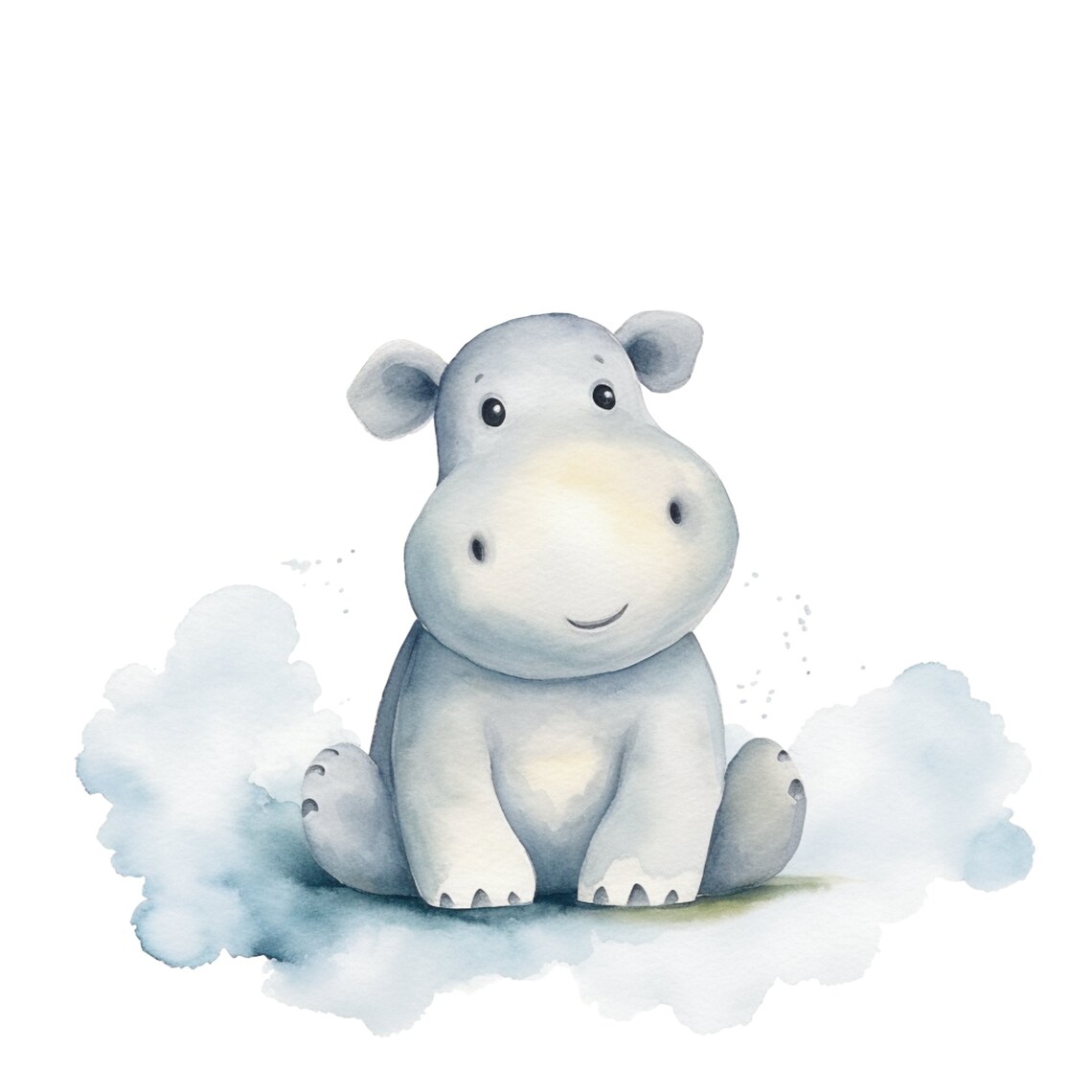 Cheerful Baby Hippo Watercolor Blue Wash Nursery Animal Poster