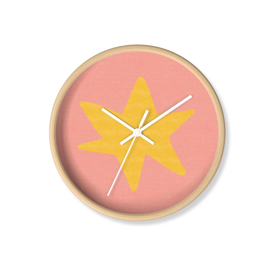 Pink Yellow Star Kids Wall Clock Silent Nursery Bedroom Decor Poster