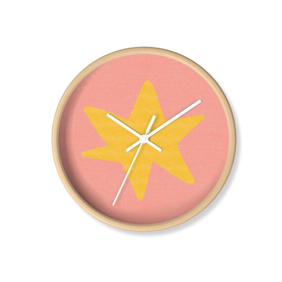 Pink Yellow Star Kids Wall Clock Silent Nursery Bedroom Decor Poster