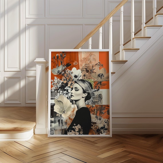 Vintage Floral Woman Collage Poster | Botanical Portrait Neutral Art