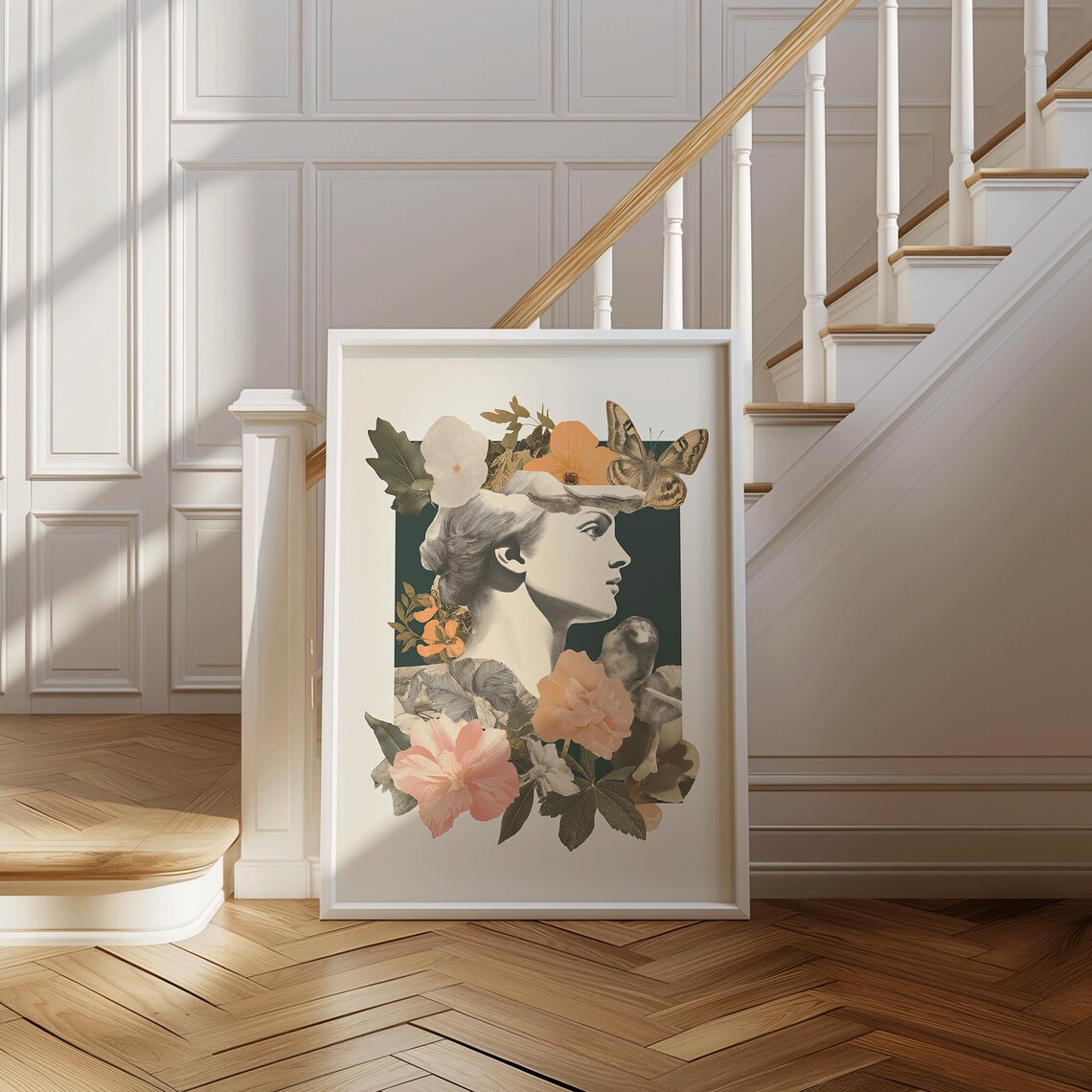 Vintage Botanical Collage Classical Woman Bust Flowers Butterfly Art Poster