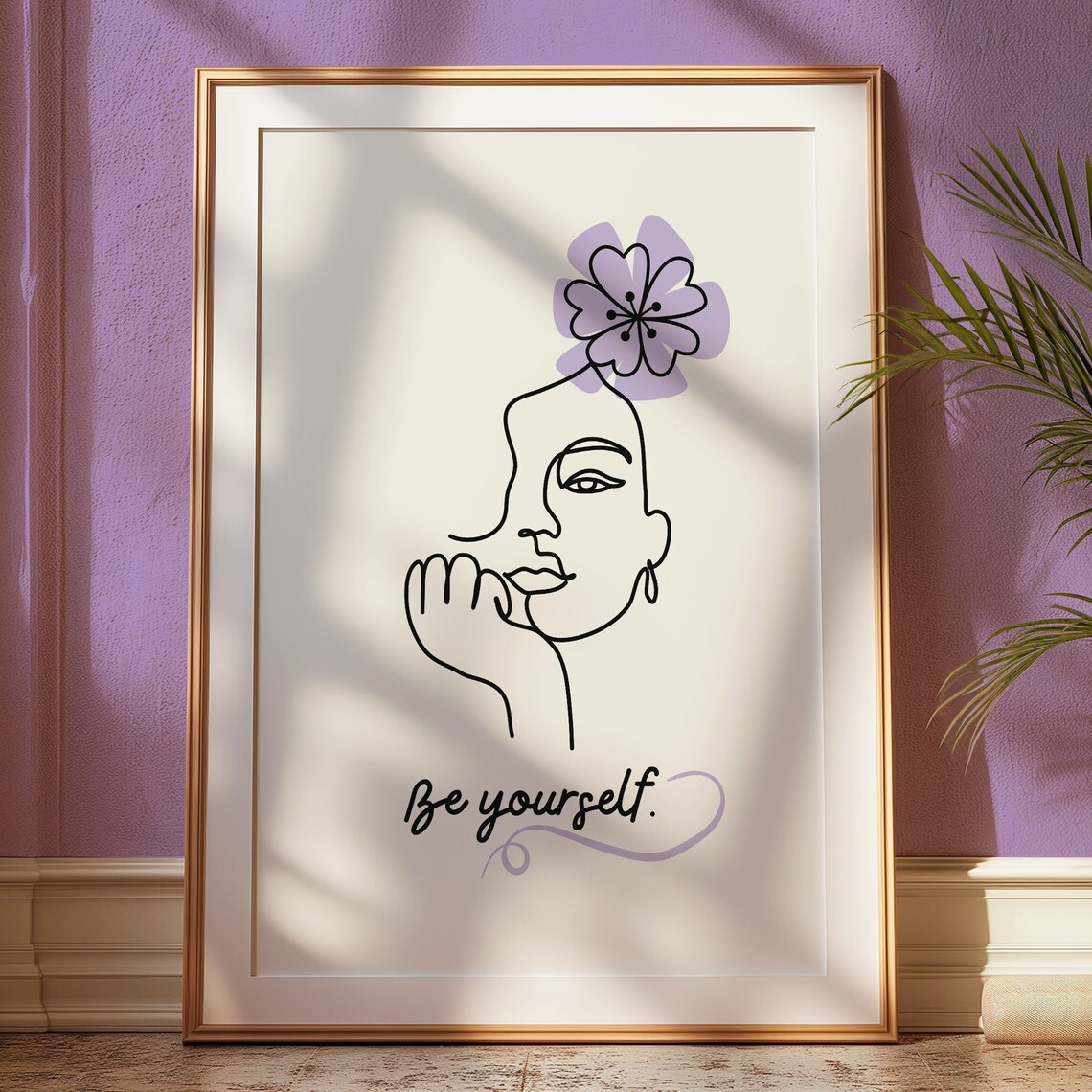 Be Yourself Minimalist Line Art Woman With Purple Flower Quote Poster