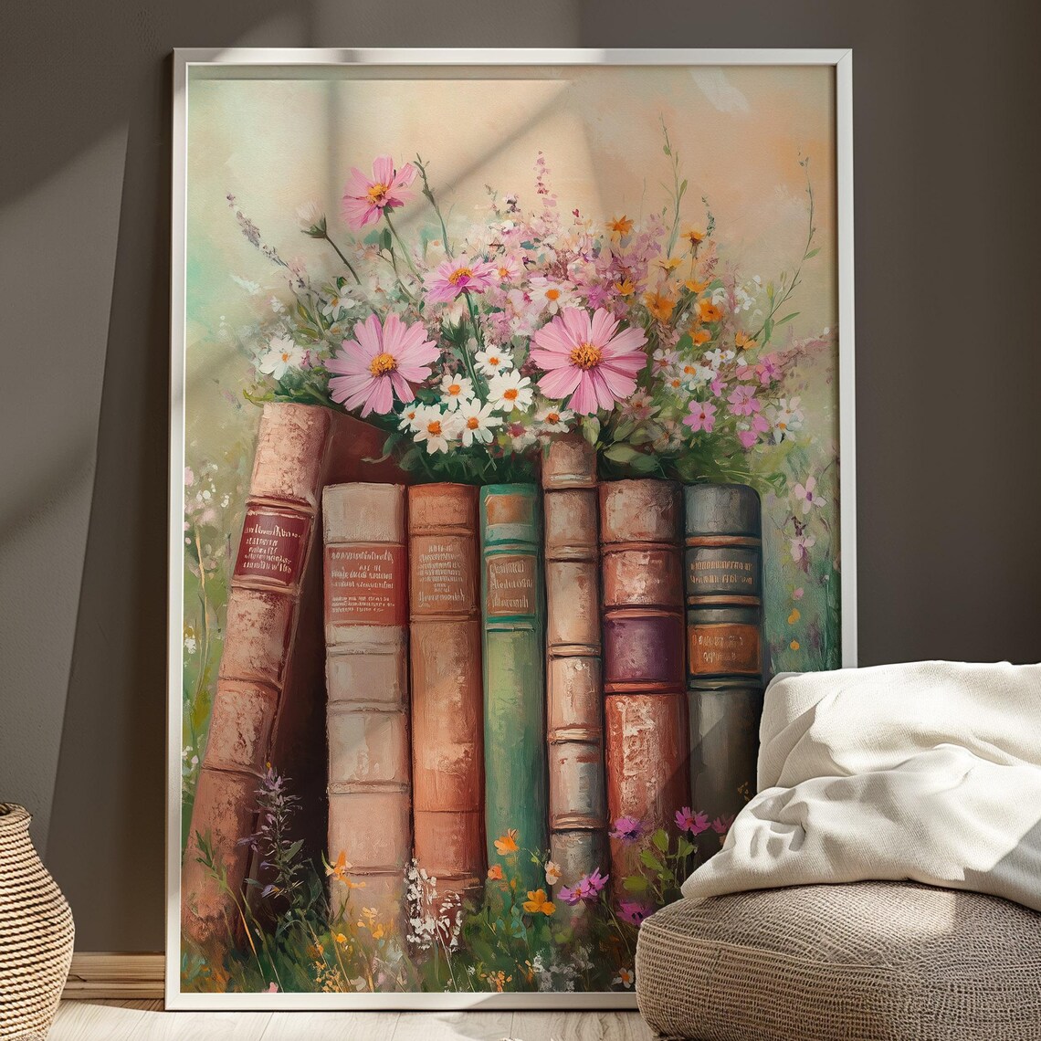 Vintage Books With Pink Wildflowers Floral Library Art Poster - Image 4