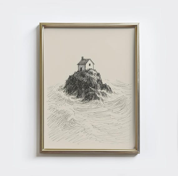 House On The Rock Sketch Print, Christian Verse Art