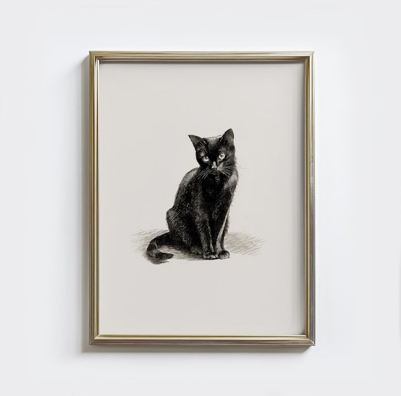 Black Cat Sketch Vintage Ink Cat Portrait Minimalist Farmhouse Pet Art Poster
