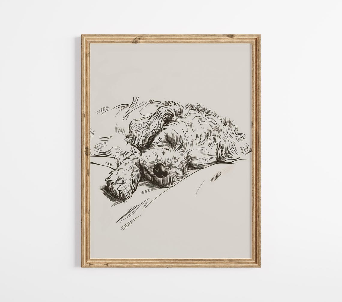 Sleeping Cockapoo Puppy Sketch Cozy Dog Portrait Farmhouse Wall Art