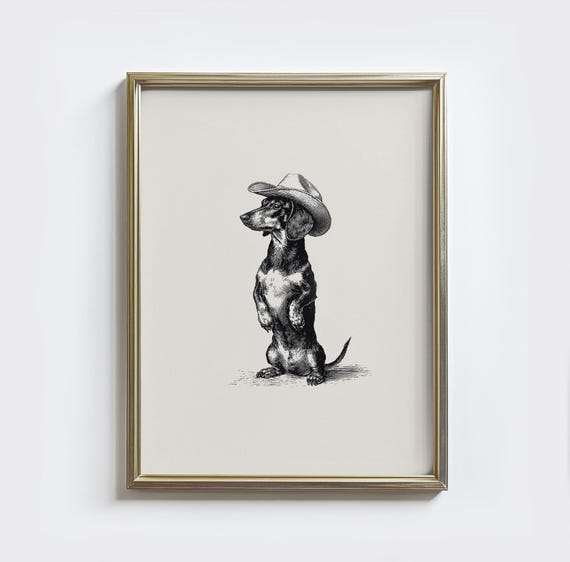 Cowboy Dachshund Wall Art Funny Western Dog Print Vintage Wiener In Hat Retro Poster Rustic Farmhouse Decor