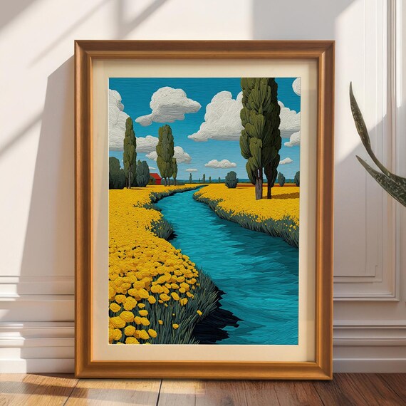 Yellow Flower Field Along Turquoise River Landscape Art Poster
