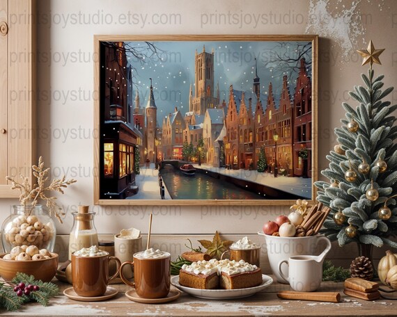 Snowy European Canal Town Christmas Eve Lights Vintage City Wall Art