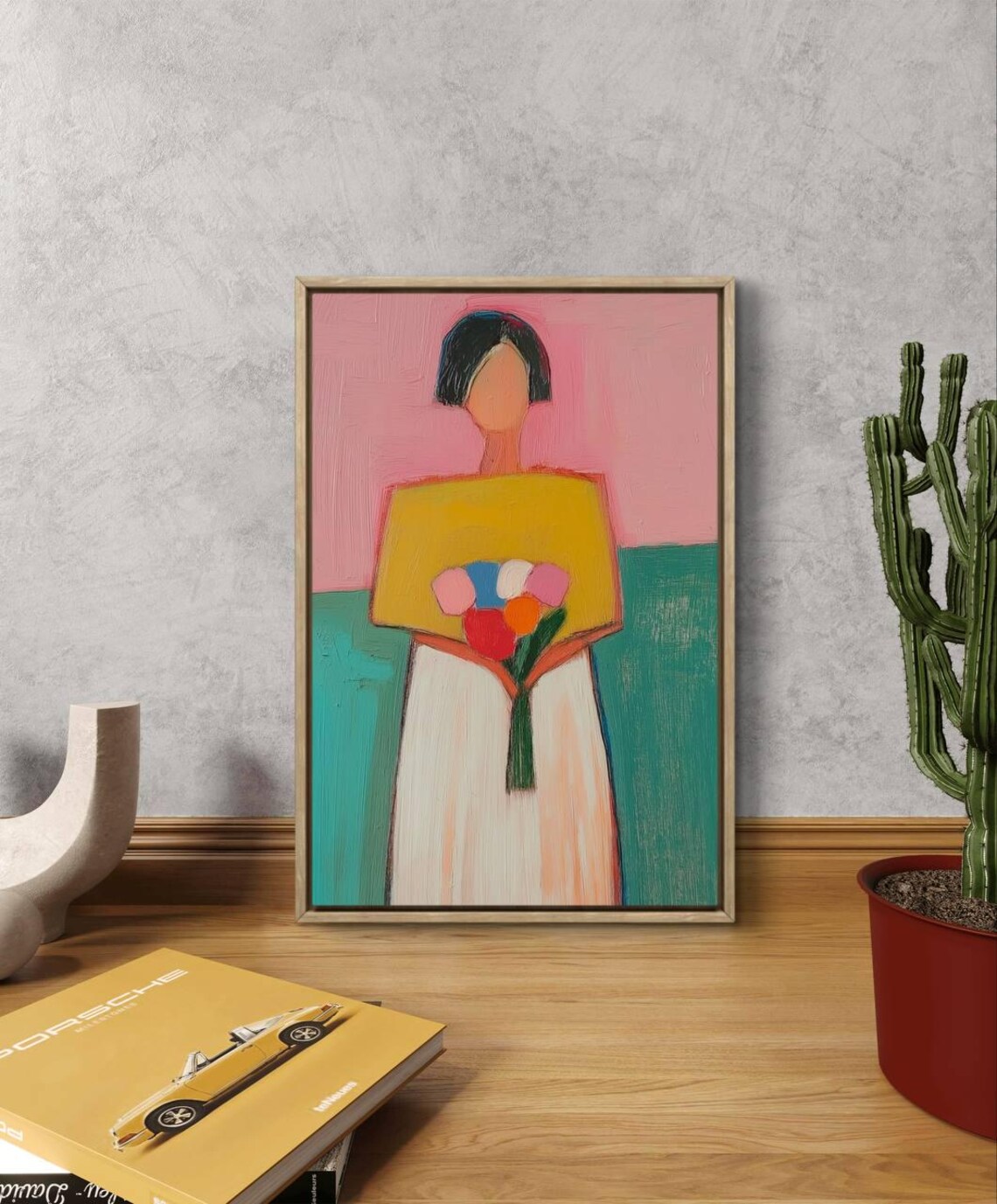 Faceless Woman With Bouquet Naive Colorful Folk Style Art Poster