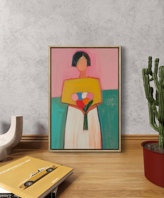 Faceless Woman With Bouquet Naive Colorful Folk Style Art Poster