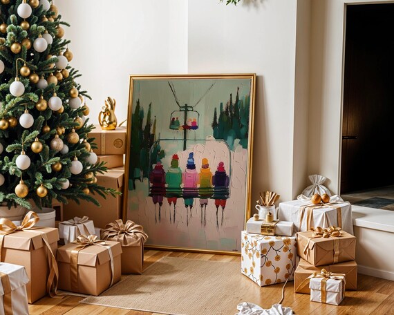 Ski Lift Colorful Skiers Winter Oil Painting Style Christmas Poster