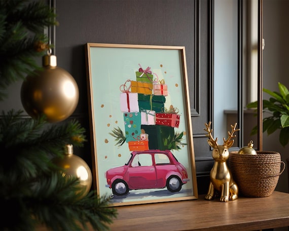 Pink Vintage Car Stacked Christmas Gifts Holiday Delivery Poster
