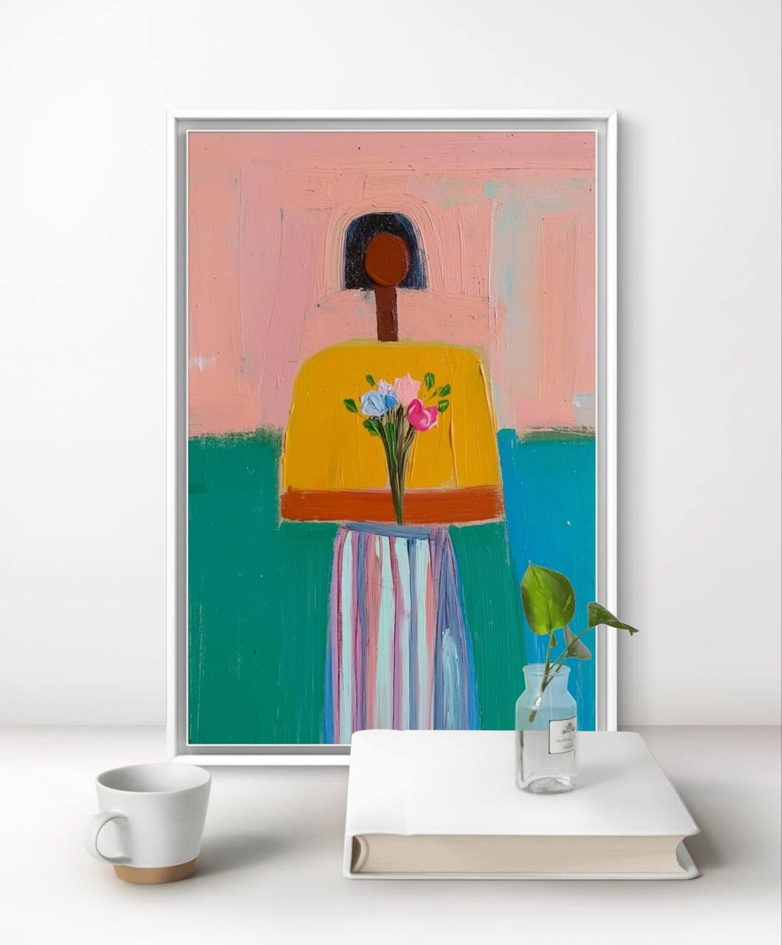 Colorful Abstract Woman Back View Flowers Modern Naive Figurative Art Poster