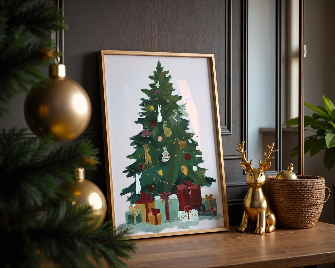 Christmas Tree With Ornaments And Gifts Holiday Art Painting Poster