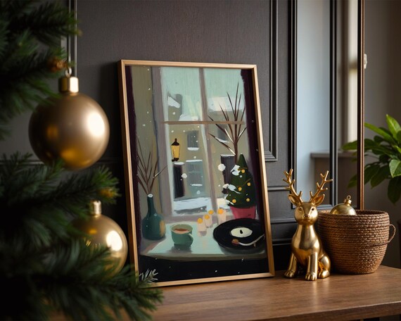 Cozy Christmas Window Snowy Night Oil Painting Style Holiday Poster