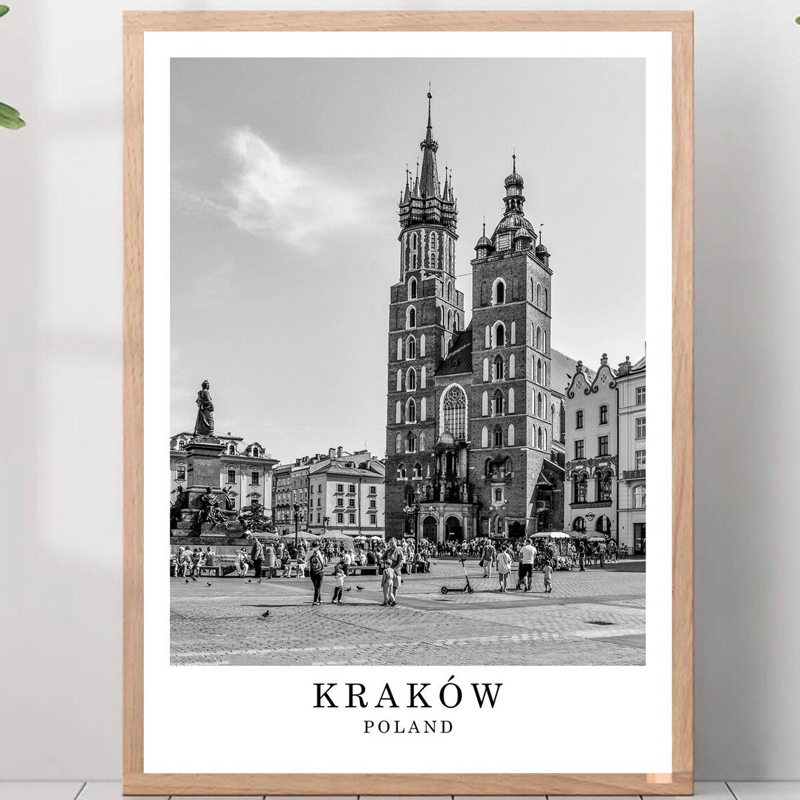 Krakow St Mary Basilica Main Square Black and White Photo Poster