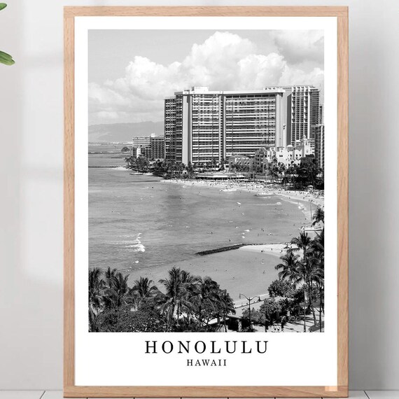 Honolulu Waikiki Beach Hotels And Palm Trees Hawaii Travel Poster