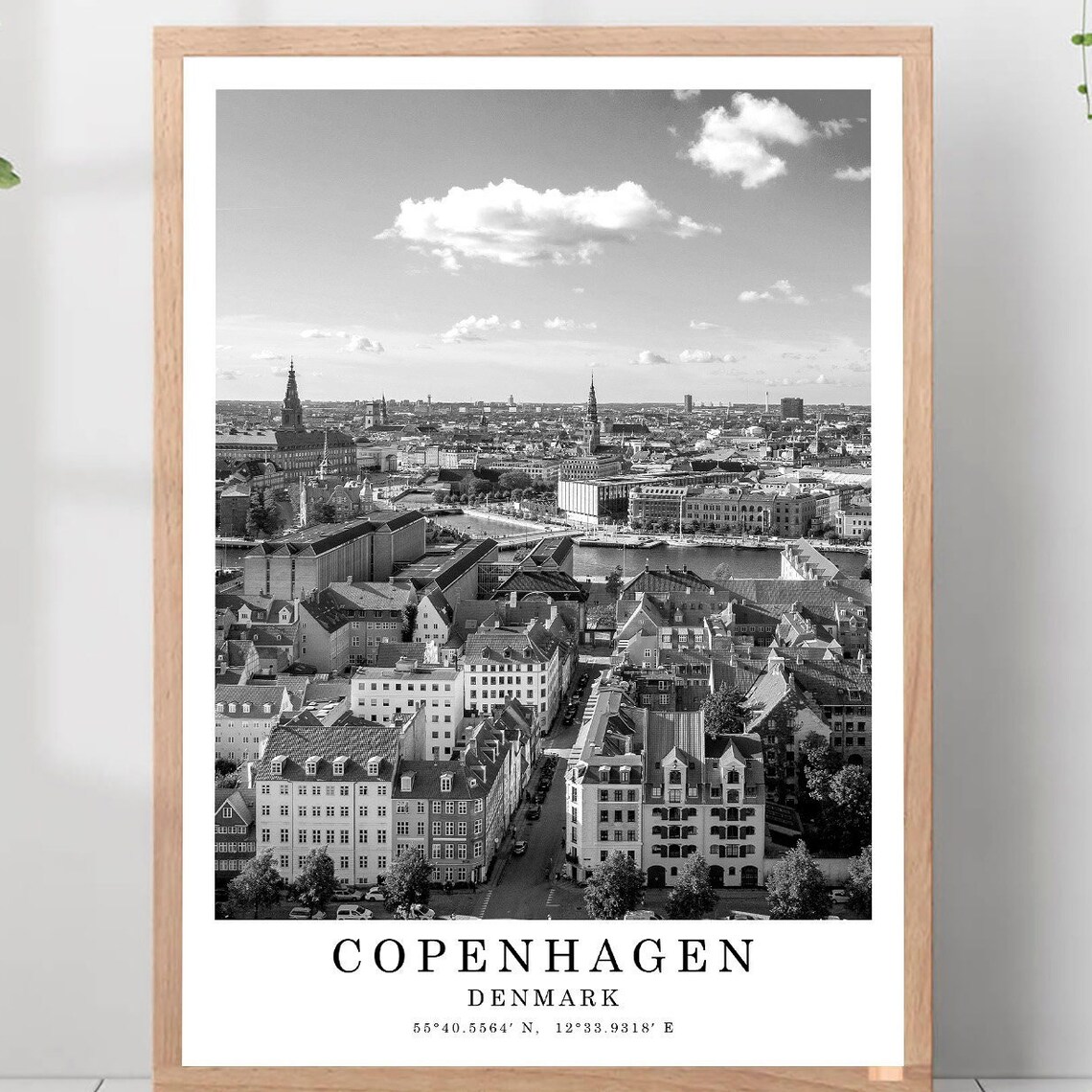 Copenhagen Old Town Harbor Aerial Coordinates Black White Poster