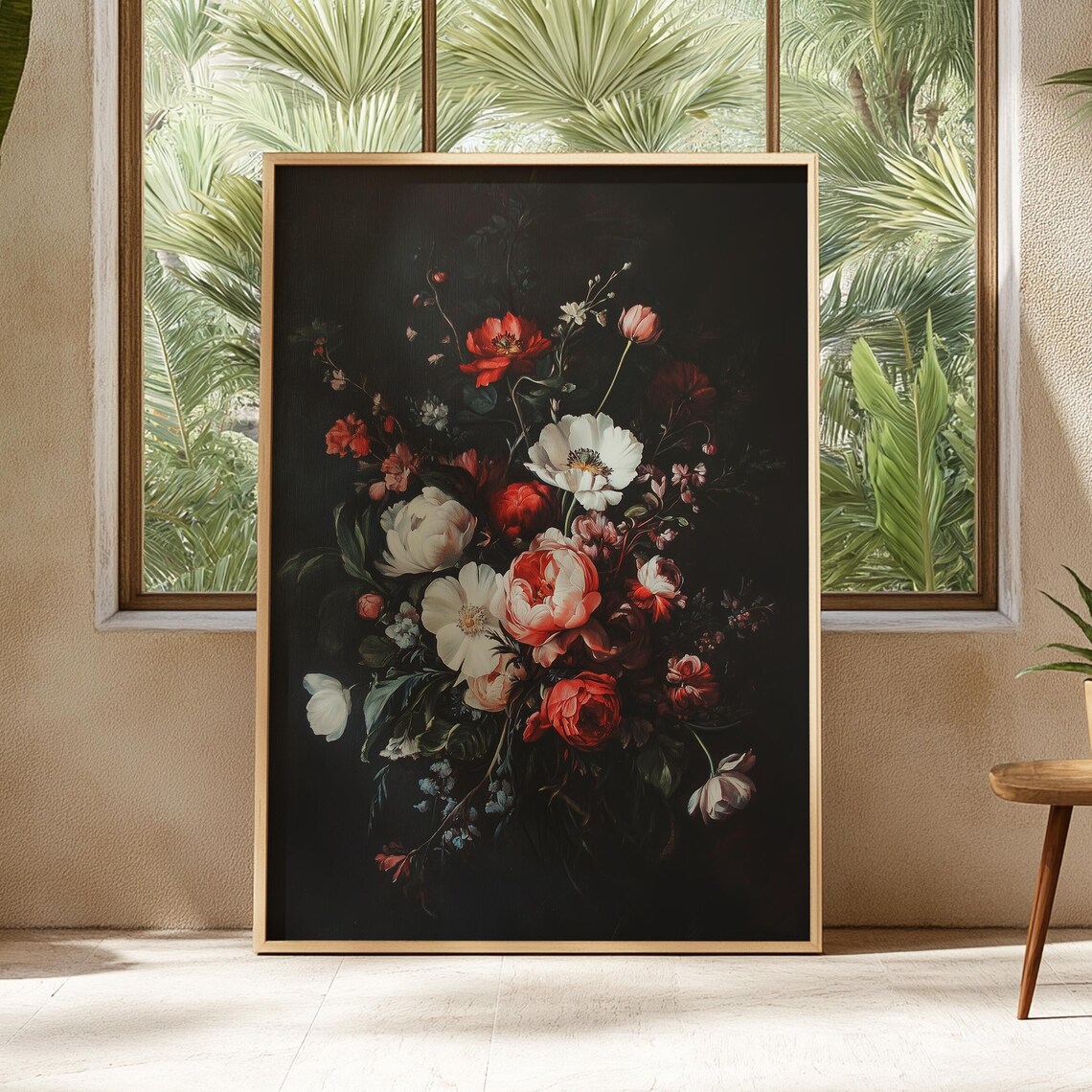 Dark Moody Peonies Bouquet Floral Still Life Oil Painting Poster - Image 3