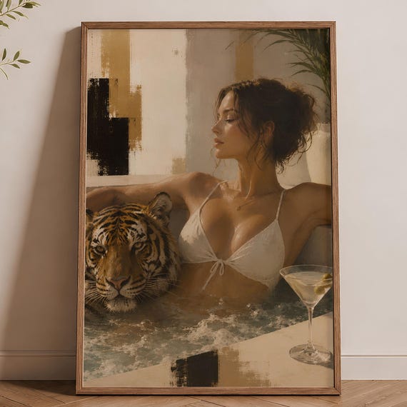 Tiger Bath Portrait Modern Woman Wall Art Chic Fashion Print Editorial Poster